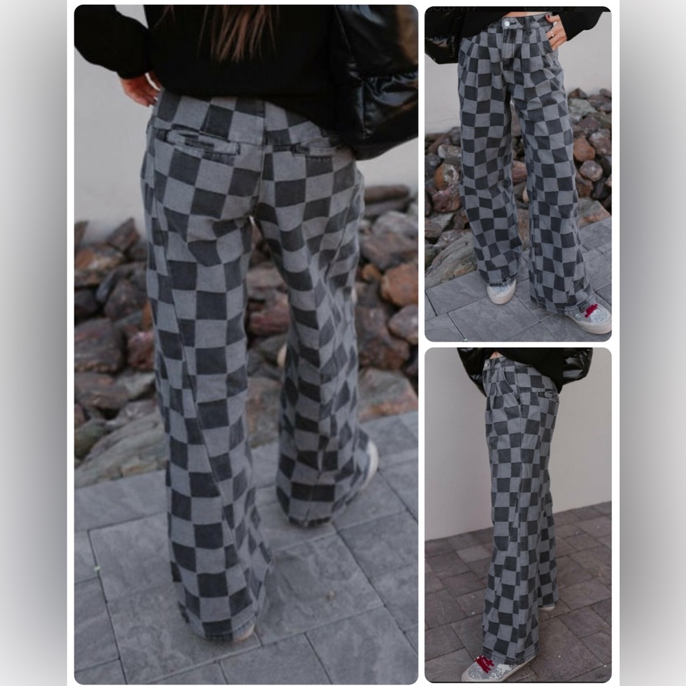 Checkered Black and Gray Flare Jeans